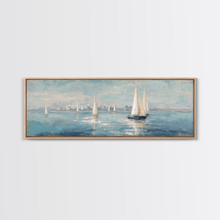 Sailboats on a Bright Sparkling Harbor Framed Canvas Print, Impressionist Art, Neutral Decor, Living Room Decor, Impression, IMP-3x1-73