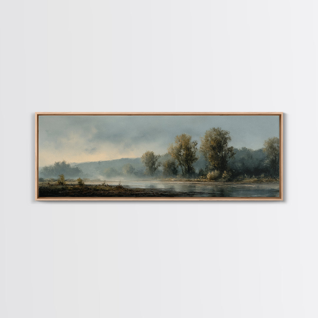 Misty Riverbank with Willow Trees Framed Canvas Print, Impressionist Art, Large Wall Art, Living Room Decor, Impression, IMP-3x1-99
