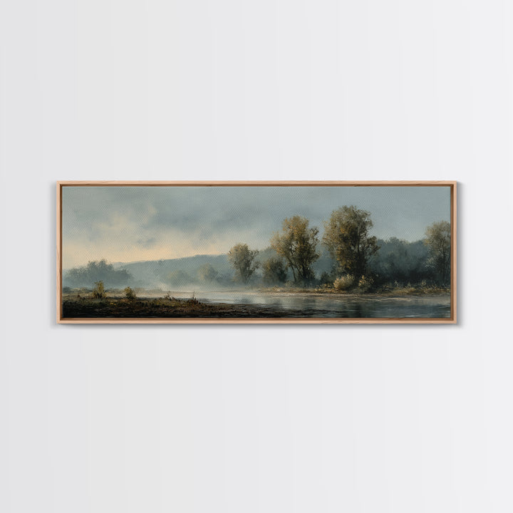 Misty Riverbank with Willow Trees Framed Canvas Print, Impressionist Art, Large Wall Art, Living Room Decor, Impression, IMP-3x1-99