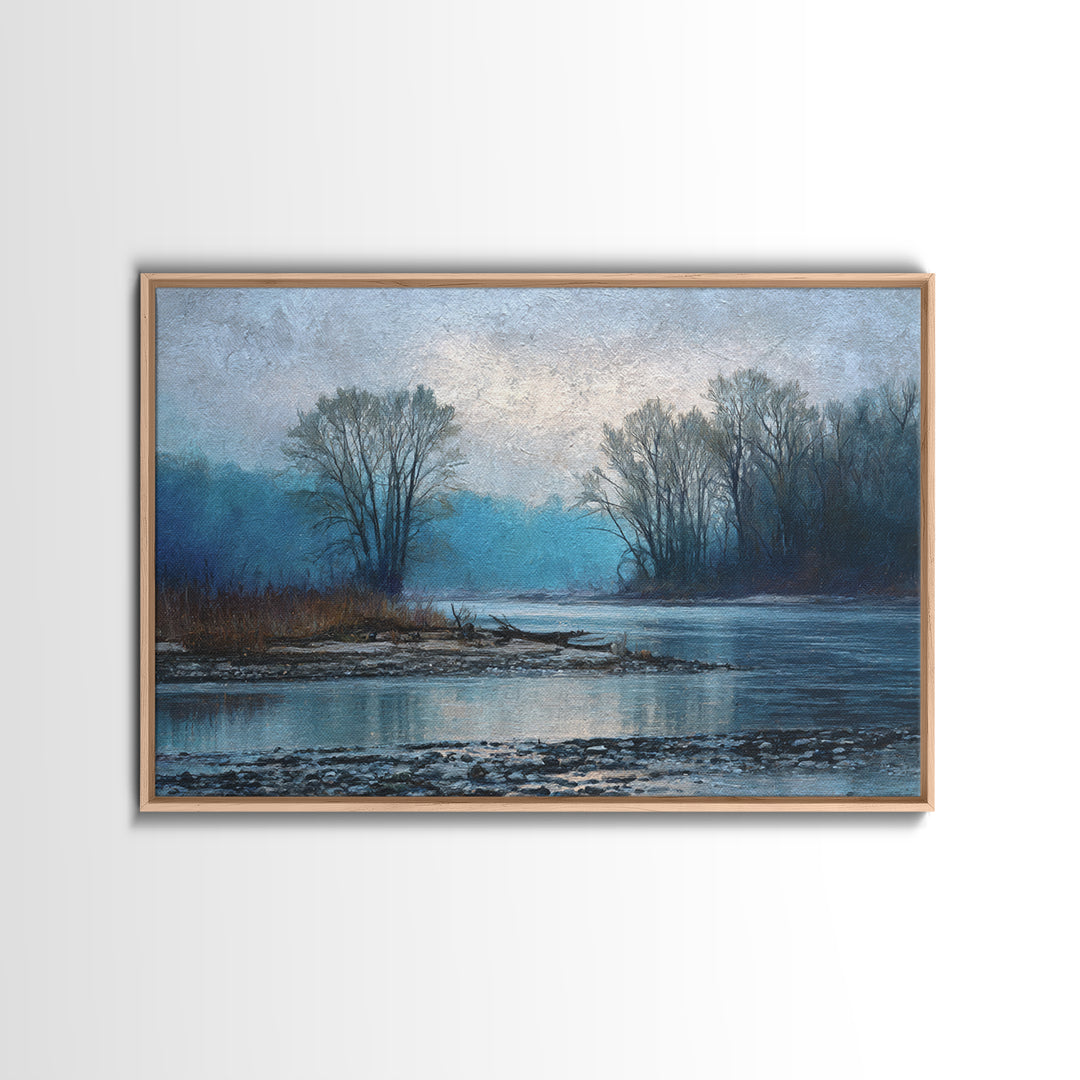 Misty Riverbank with Willow Trees Framed Canvas Print, Impressionist Art, Coastal Wall Art, Living Room Decor, Impression, IMP-3x2-15