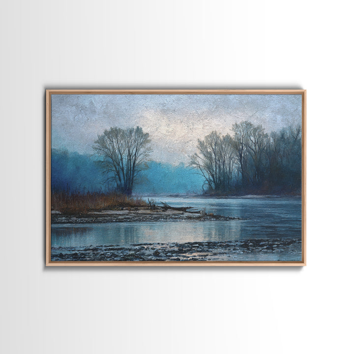 Misty Riverbank with Willow Trees Framed Canvas Print, Impressionist Art, Coastal Wall Art, Living Room Decor, Impression, IMP-3x2-15
