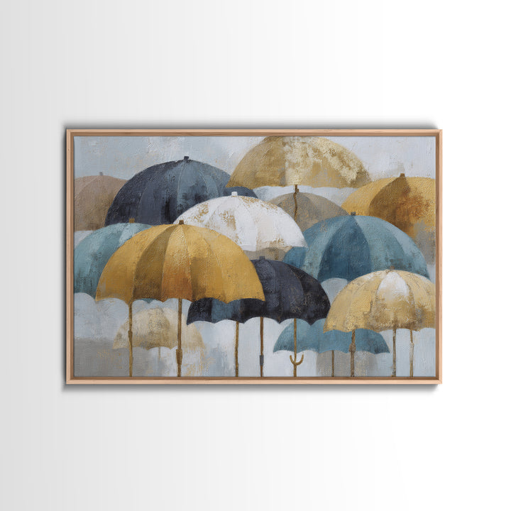 Rainy Boulevard with Umbrella Shapes Framed Canvas Print, Impressionist Art, Landscape Art, Living Room Decor, Impression, IMP-3x2-25