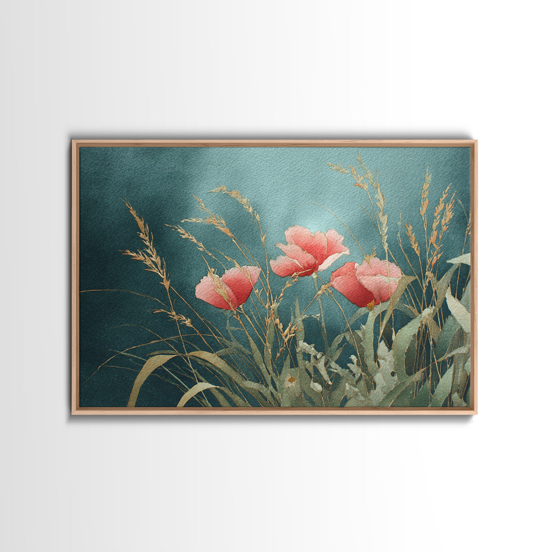 Poppies Blowing Through Green Grass Framed Canvas Print, Impressionist Art, Living Room Art, Living Room Decor, Oil Painting, IMP-3x2-40