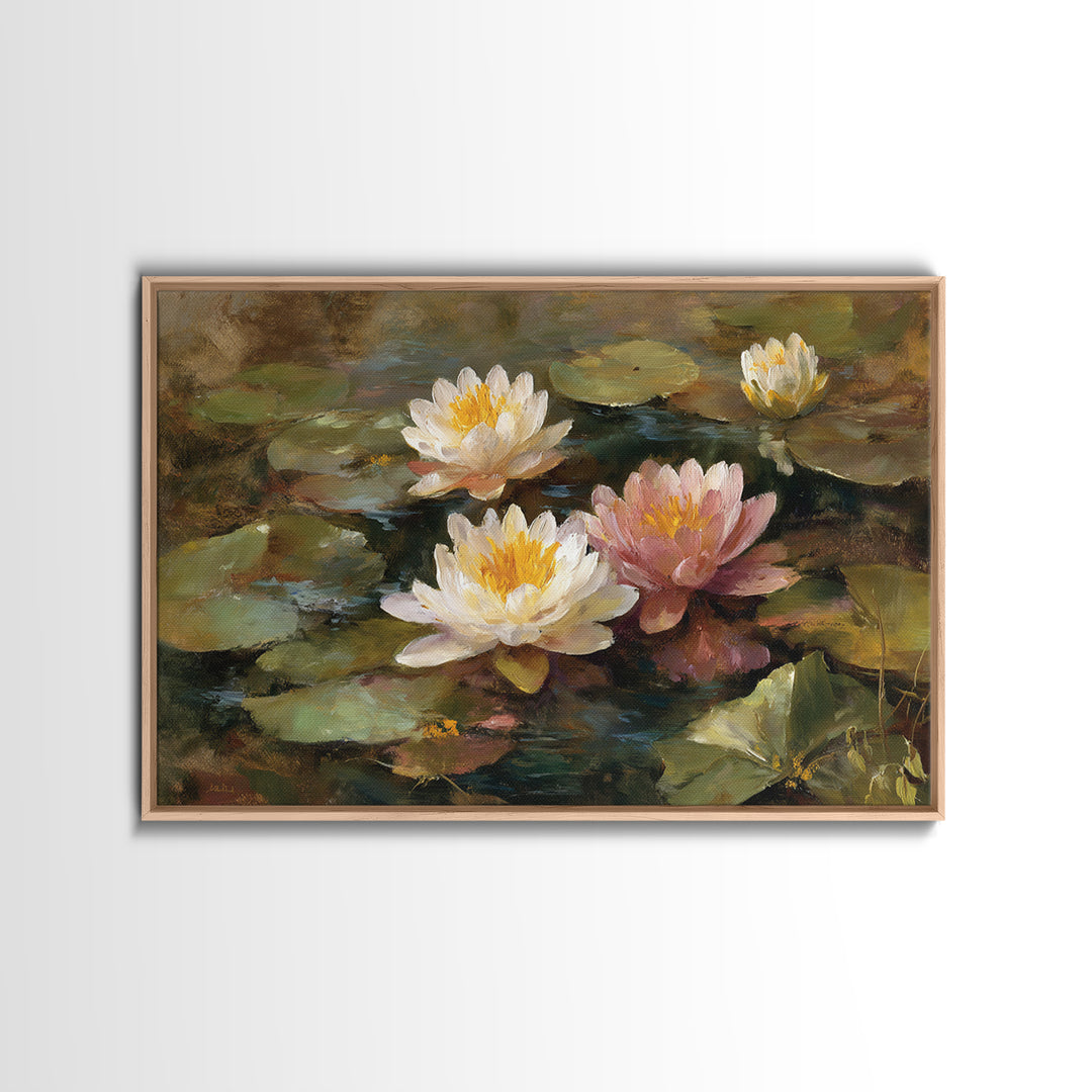 Water Lilies Floating on a Sunlit Pond Canvas Print, Impressionist Art, Colorful Wall Art, Living Room Decor, Impression, IMP-3x2-5