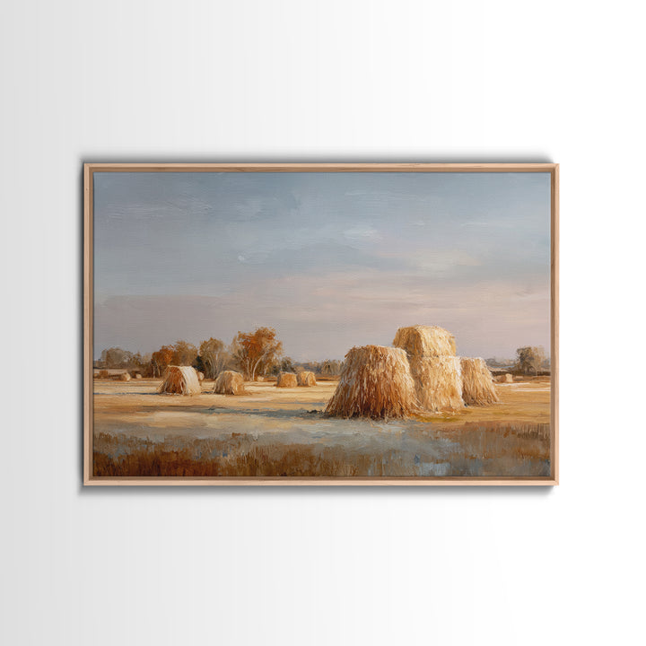 Haystacks Glowing at Golden Hour Framed Canvas Print, Impressionist Art, Living Room Decor, Watercolor Art, Impression, IMP-3x2-80