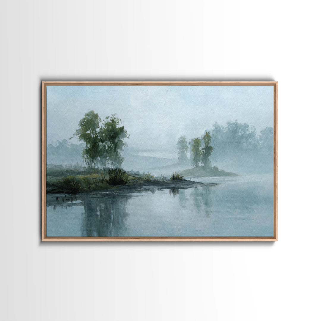 Misty Riverbank with Willow Trees Framed Canvas Print, Impressionist Art, Wall Decor, Living Room Decor, Fine Art, Impression, IMP-3x2-87