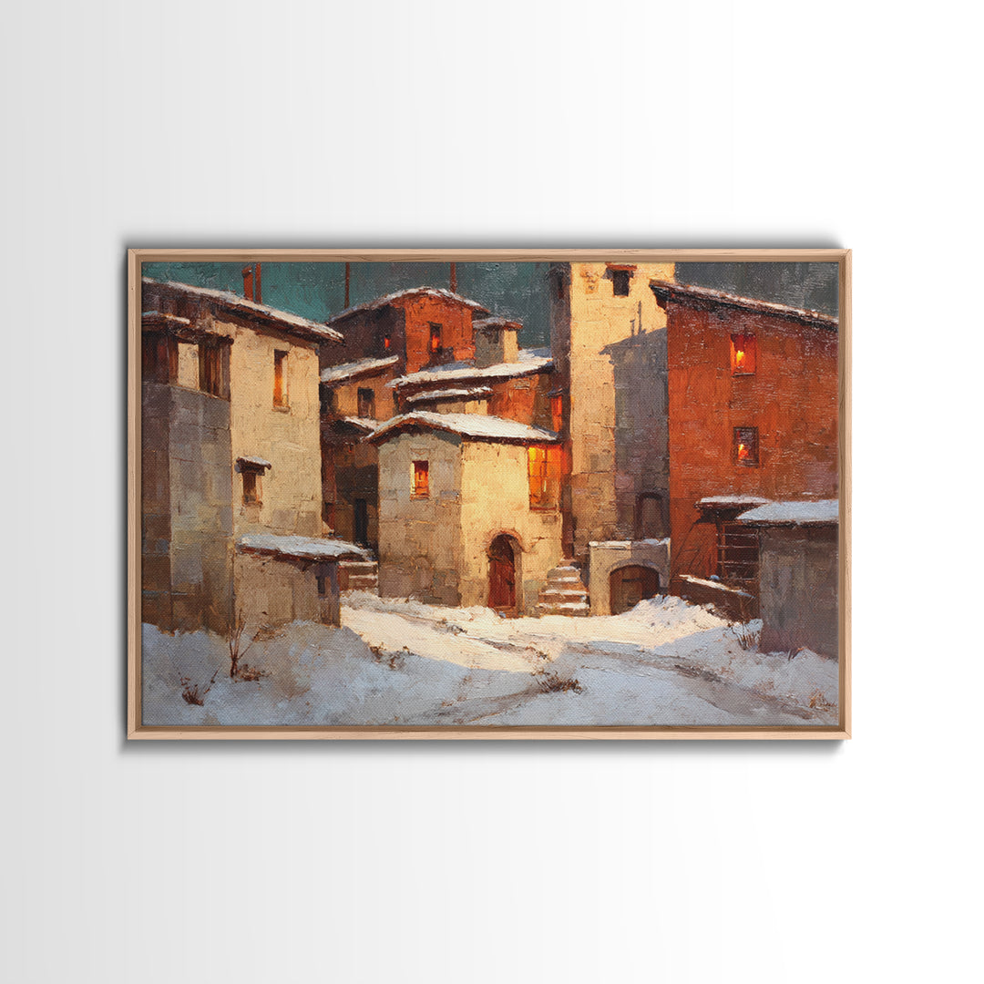 Snowy Village with Warm Glowing Windows Canvas Print, Impressionist Art, Boho Decor, Living Room Decor, Oil Painting, IMP-3x2-89