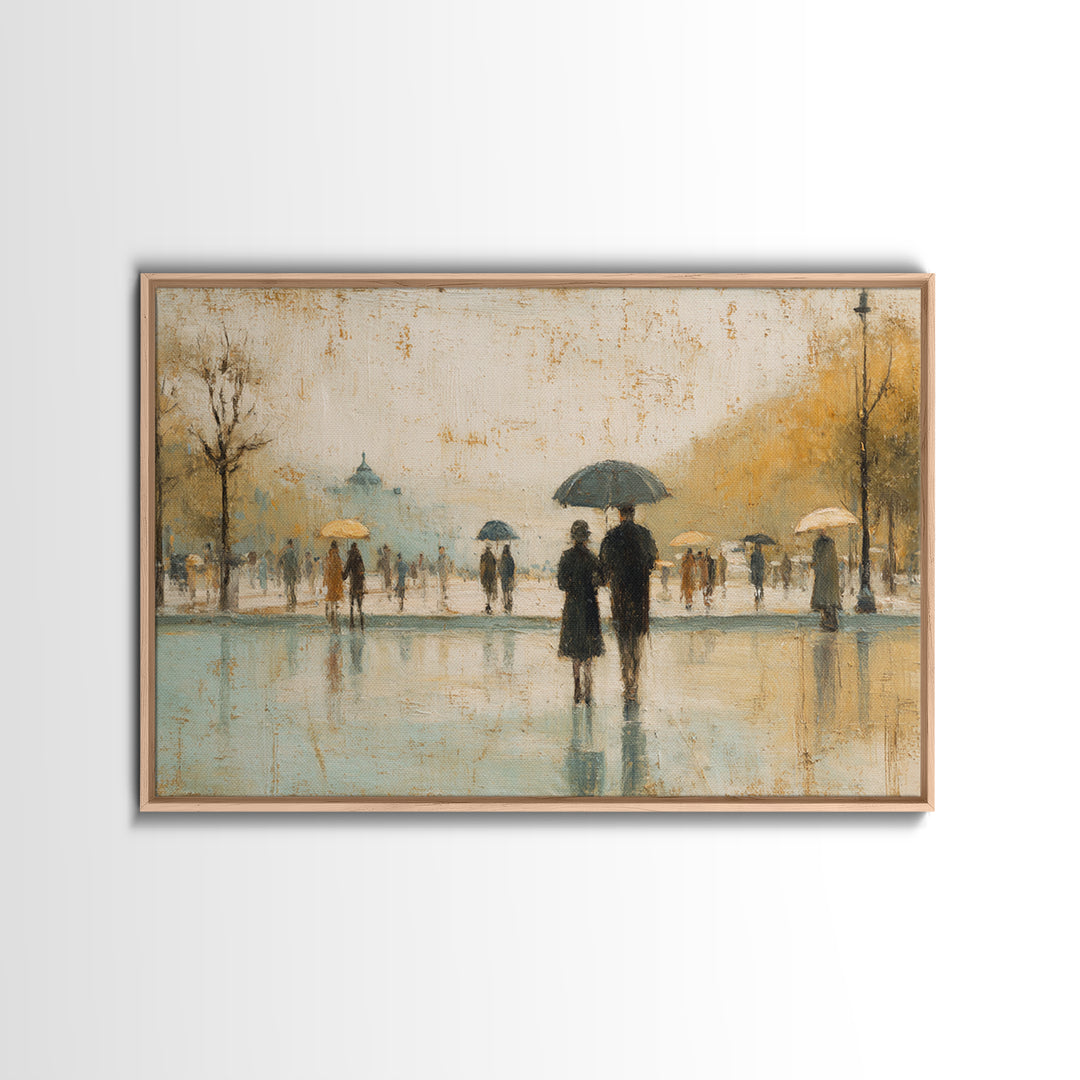 Rainy Boulevard with Umbrella Shapes Framed Canvas Print, Impressionist Art, Luxury Decor, Living Room Decor, Abstract Art, IMP-3x2-97