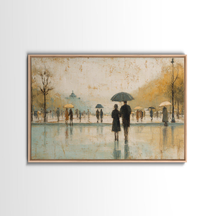 Rainy Boulevard with Umbrella Shapes Framed Canvas Print, Impressionist Art, Luxury Decor, Living Room Decor, Abstract Art, IMP-3x2-97