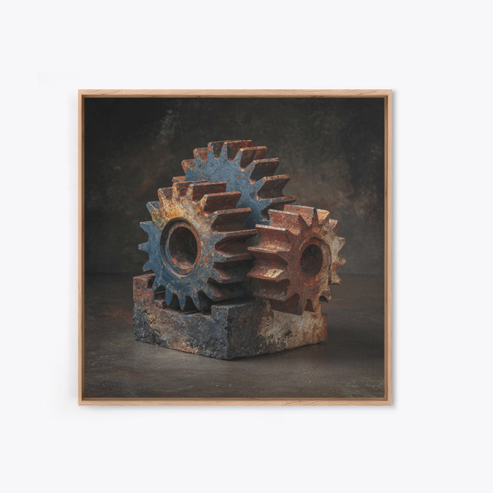 Rusted Gears Arranged as Sculptural Still Life Framed Canvas Print, Industrial Art, Room Decor, Living Room Decor, Foundry, IND-1x1-1