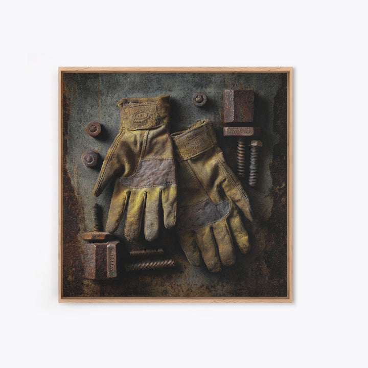Worn Work Gloves and Bolts Arrangement Canvas Print, Industrial Art, Rustic Home Decor, Living Room Decor, Fine Art, Foundry, IND-1x1-18