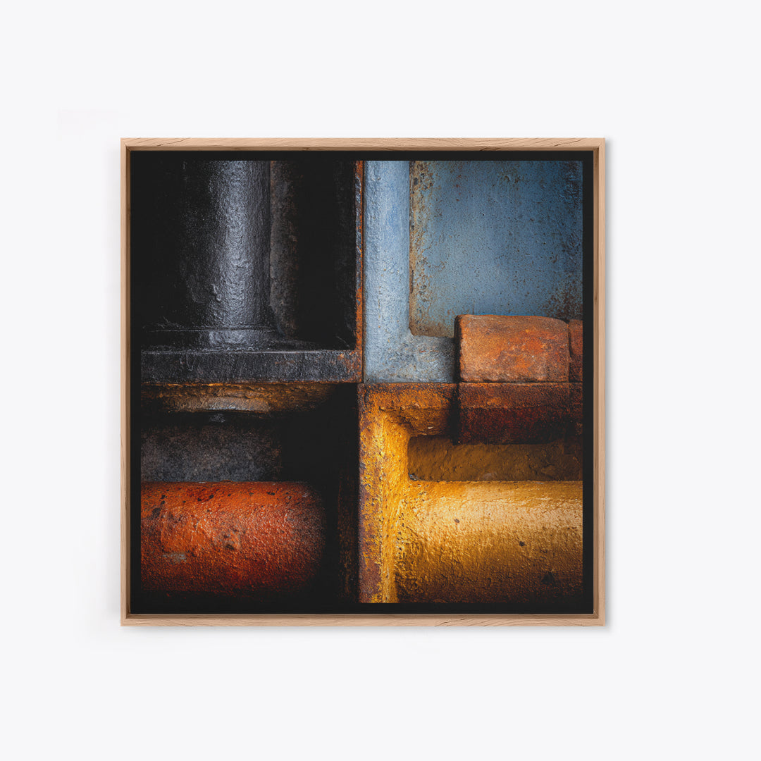Metal Pipes and Valves as Graphic Composition Framed Canvas Print, Industrial Art, Gallery Decor, Living Room Decor, Foundry, IND-1x1-32