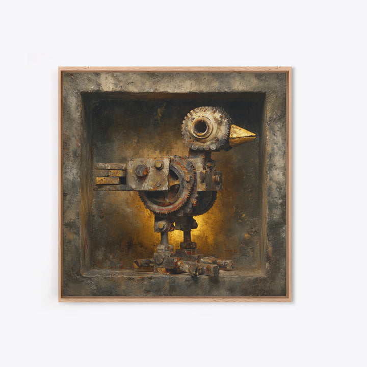 Mechanical Bird Made from Gears Framed Canvas Print, Industrial Art, Living Room Art, Living Room Decor, Oil Painting, Foundry, IND-1x1-43