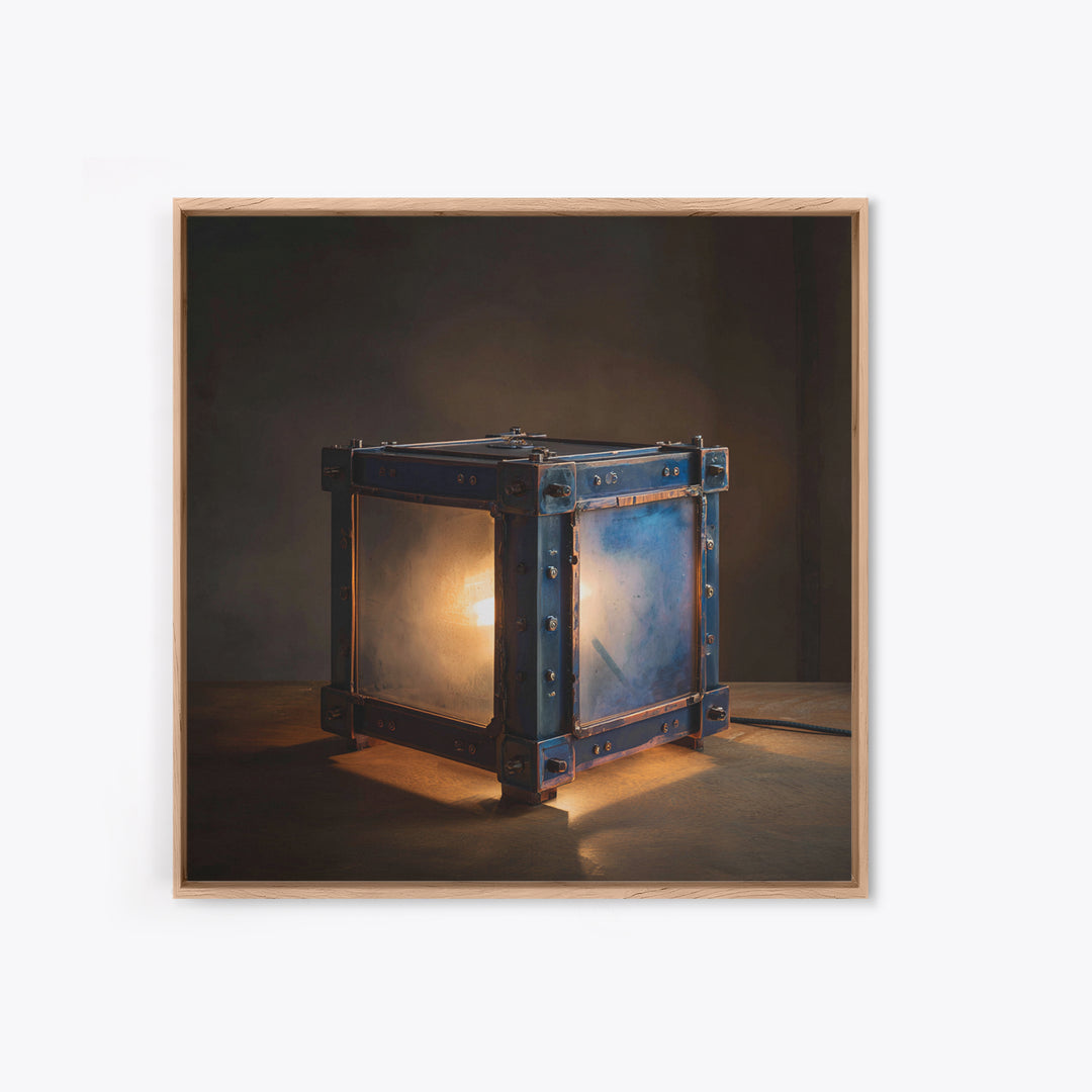 Industrial Lamp with Warm Glow Framed Canvas Print, Industrial Art, Metal Art, Living Room Decor, Foundry, Gallery Decor, IND-1x1-47