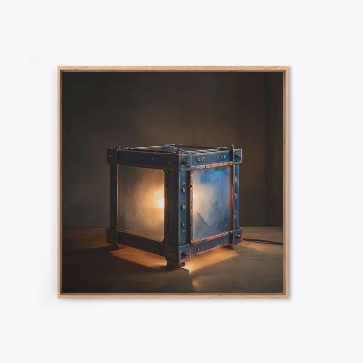 Industrial Lamp with Warm Glow Framed Canvas Print, Industrial Art, Metal Art, Living Room Decor, Foundry, Gallery Decor, IND-1x1-47