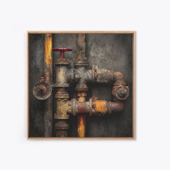 Metal Pipes and Valves as Graphic Composition Framed Canvas Print, Industrial Art, Wall Hanging, Living Room Decor, Foundry, IND-1x1-56