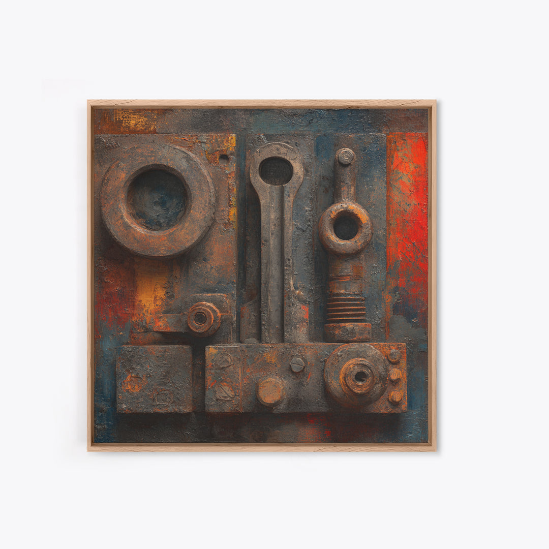 Brass Gauge and Machinery Still Life Framed Canvas Print, Industrial Art, Minimalist Decor, Living Room Decor, Oil Painting, IND-1x1-61