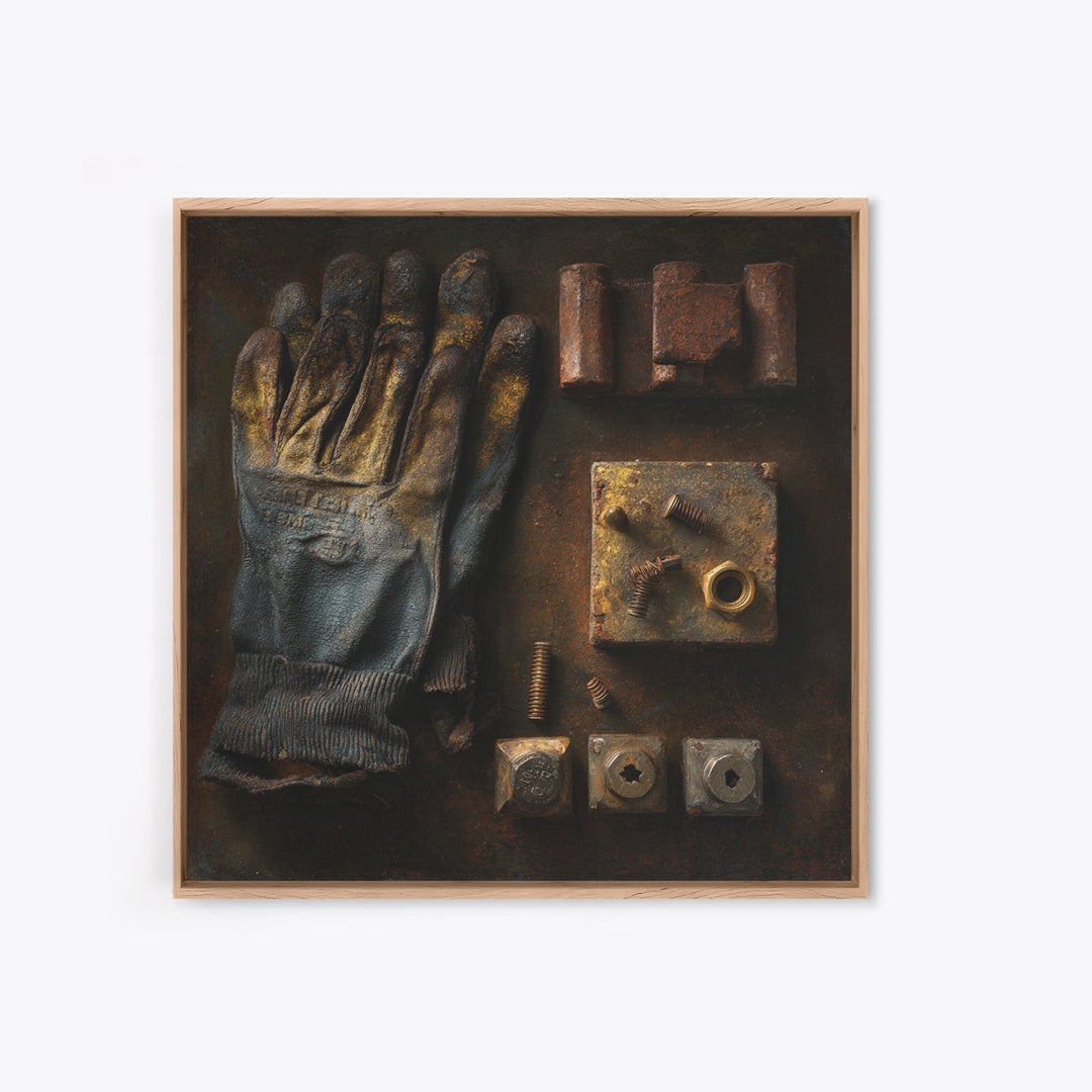 Worn Work Gloves and Bolts Arrangement Framed Canvas Print, Industrial Art, Texas Art, Living Room Decor, Abstract Art, Foundry, IND-1x1-66