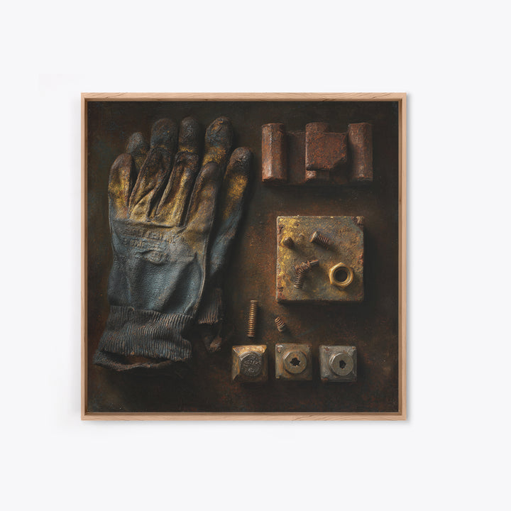 Worn Work Gloves and Bolts Arrangement Framed Canvas Print, Industrial Art, Texas Art, Living Room Decor, Abstract Art, Foundry, IND-1x1-66