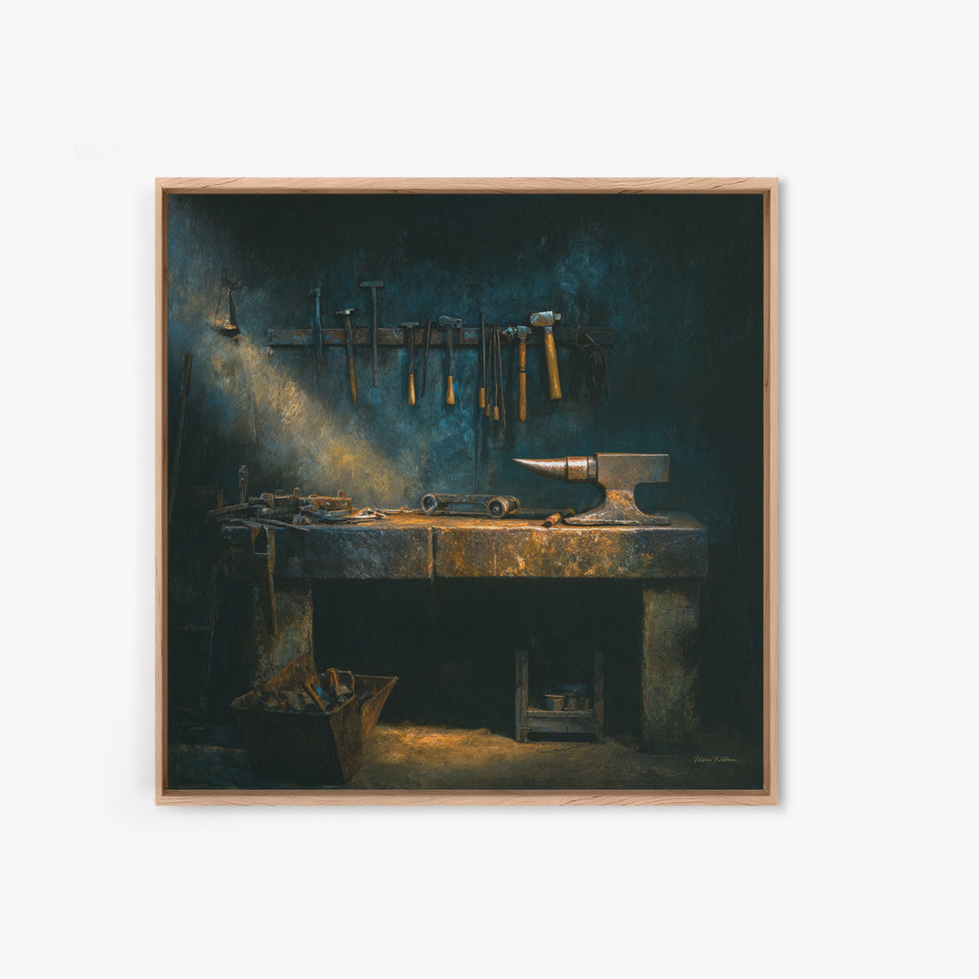 Blacksmith Tools on Dark Workbench Canvas Print, Industrial Art, Textured Painting, Living Room Decor, Oil Painting, Foundry, IND-1x1-82
