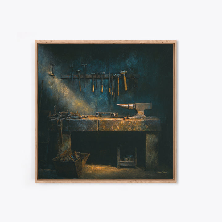 Blacksmith Tools on Dark Workbench Canvas Print, Industrial Art, Textured Painting, Living Room Decor, Oil Painting, Foundry, IND-1x1-82