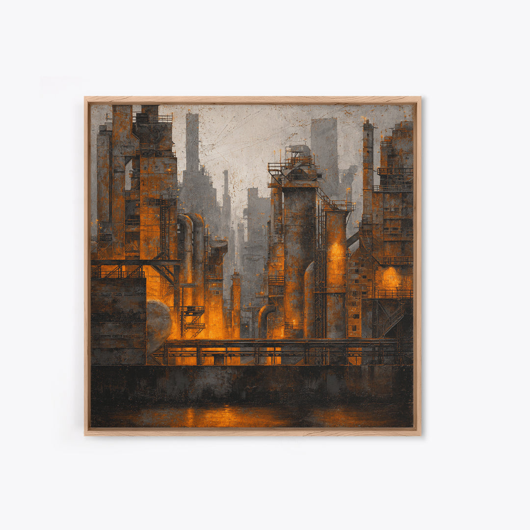 Industrial City Skyline Framed Canvas Print, Industrial Art, Bauhaus Poster, Living Room Decor, Fine Art, Foundry, IND-1x1-84