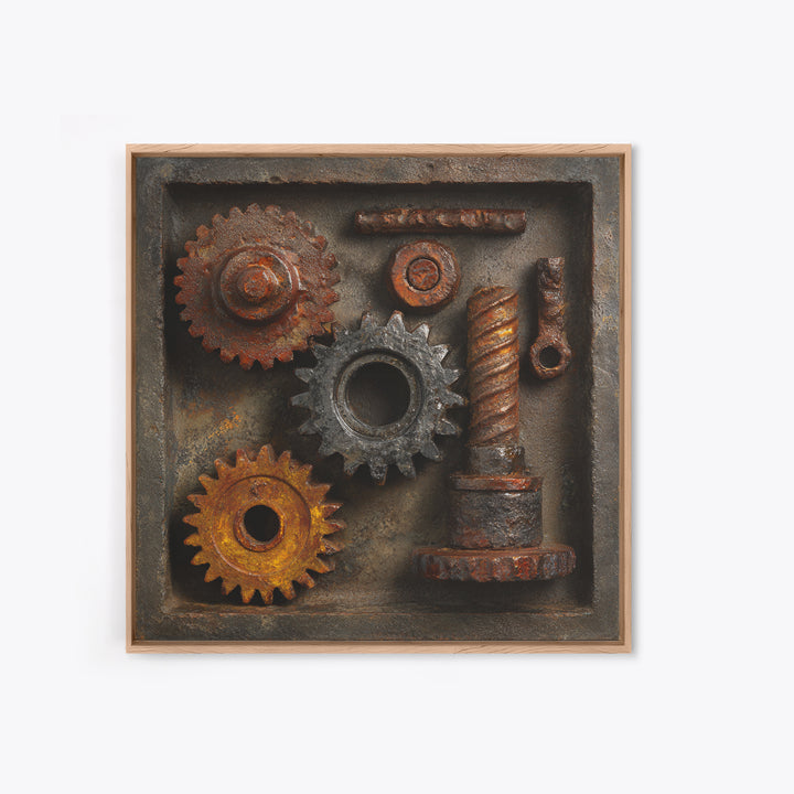 Rusted Gears Arranged as Sculptural Still Life Canvas Print, Industrial Art, Abstract Art, Living Room Decor, Oil Painting, IND-1x1-97