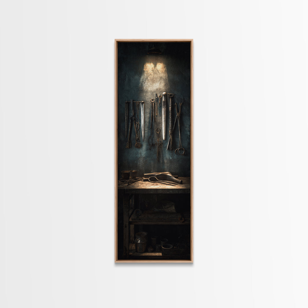 Blacksmith Tools on Dark Workbench Framed Canvas Print, Industrial Art, Luxury Decor, Living Room Decor, Fine Art, Foundry, IND-1x3-70