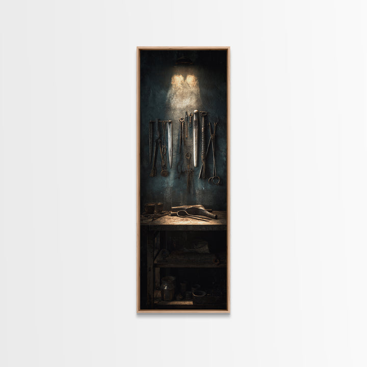 Blacksmith Tools on Dark Workbench Framed Canvas Print, Industrial Art, Luxury Decor, Living Room Decor, Fine Art, Foundry, IND-1x3-70