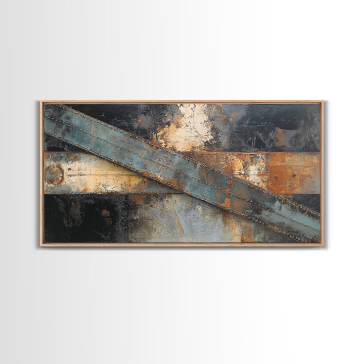 Steel Beams Crossing Like Abstract Lines Framed Canvas Print, Industrial Art, Wall Hanging, Living Room Decor, Abstract Art, IND-2x1-13