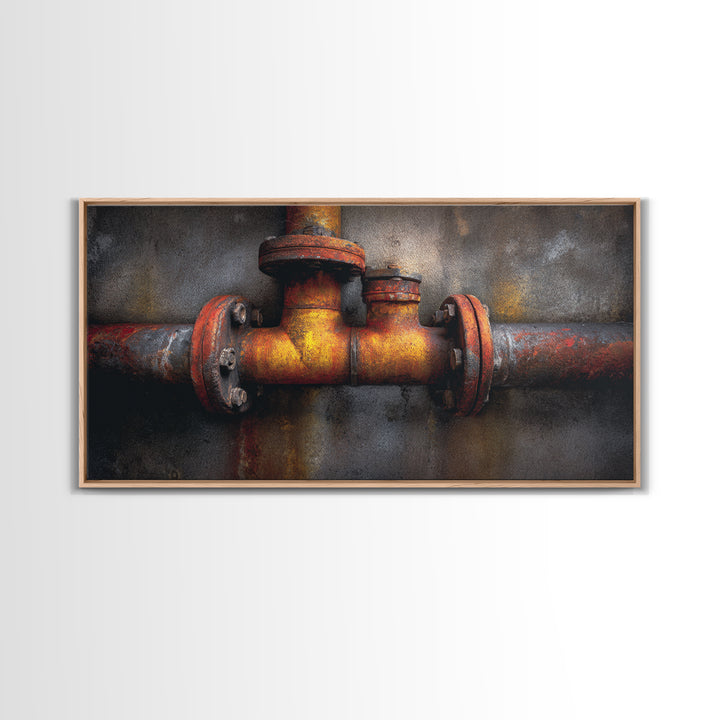 Metal Pipes and Valves as Graphic Composition Framed Canvas Print, Industrial Art, Wall Art, Living Room Decor, Foundry, IND-2x1-28