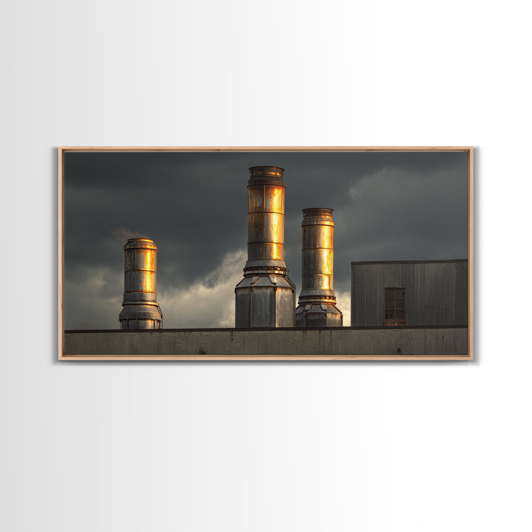 Factory Smokestacks with Moody Sky Canvas Print, Industrial Art, Abstract Art, Living Room Decor, Foundry, Bauhaus Poster, IND-2x1-31