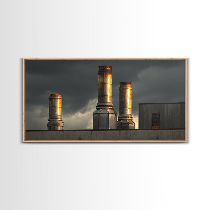 Factory Smokestacks with Moody Sky Canvas Print, Industrial Art, Abstract Art, Living Room Decor, Foundry, Bauhaus Poster, IND-2x1-31