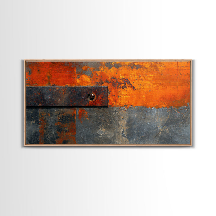 Rust Orange and Charcoal Geometric Abstraction Framed Canvas Print, Industrial Art, Living Room Decor, Abstract Art, Foundry, IND-2x1-34