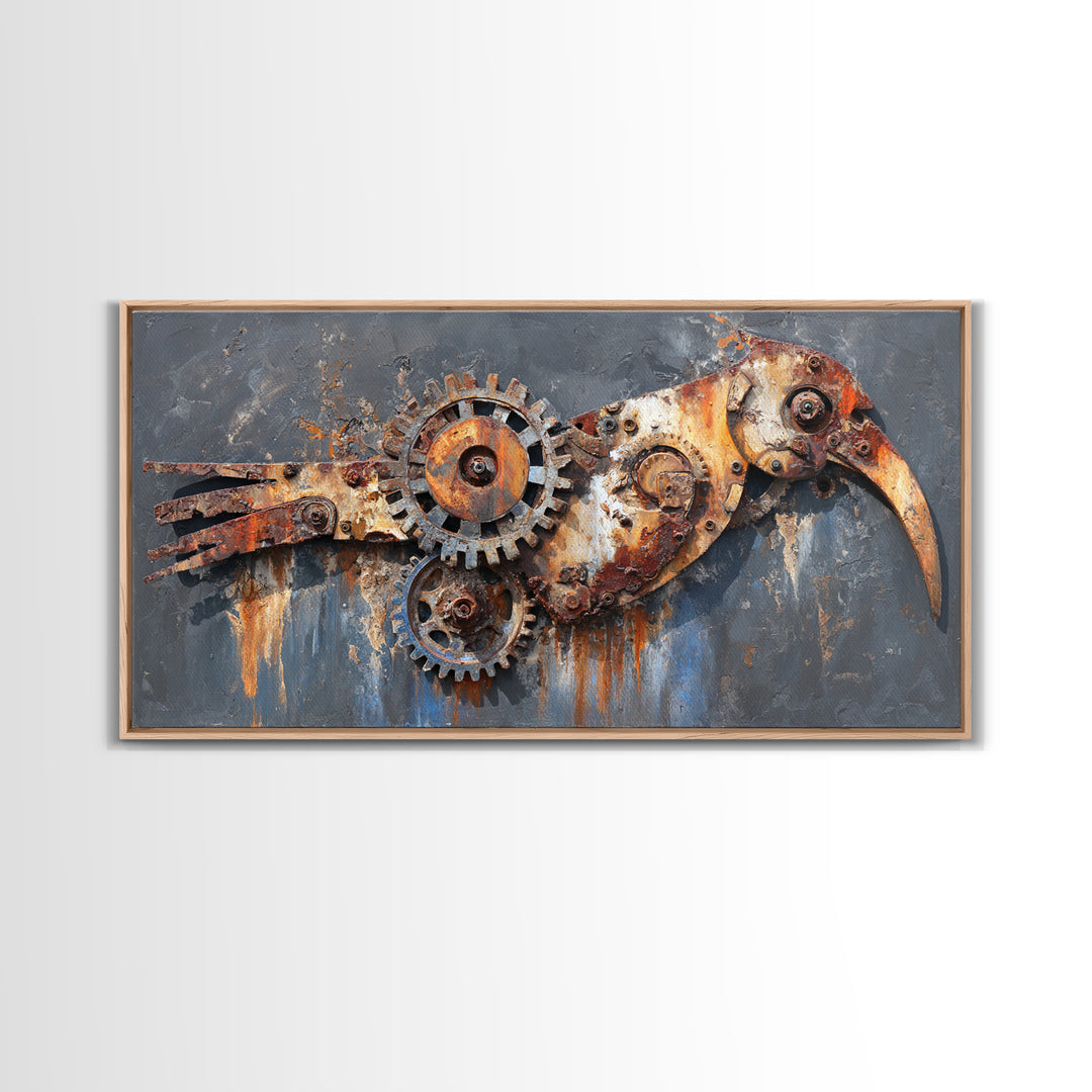 Mechanical Bird Made from Gears Canvas Print, Industrial Art, Original Painting, Living Room Decor, Oil Painting, Foundry, IND-2x1-39
