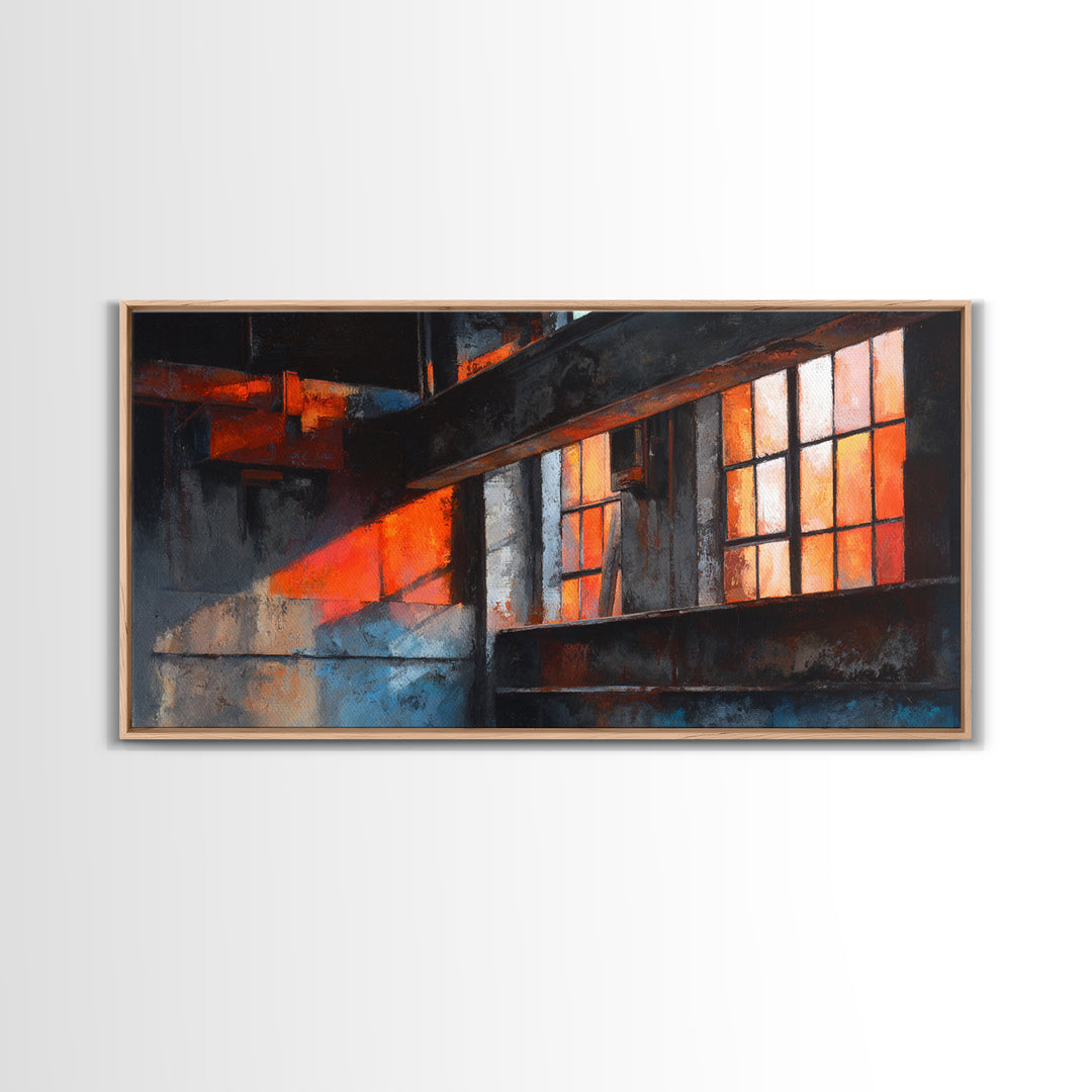 Old Factory Window Framed Canvas Print, Industrial Art, Art Prints, Living Room Decor, Fine Art, Foundry, Abstract Painting, IND-2x1-46