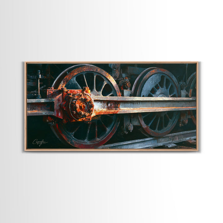 Steam Locomotive Wheel Closeup Framed Canvas Print, Industrial Art, Art Print, Living Room Decor, Fine Art, Foundry, Modern Art, IND-2x1-50