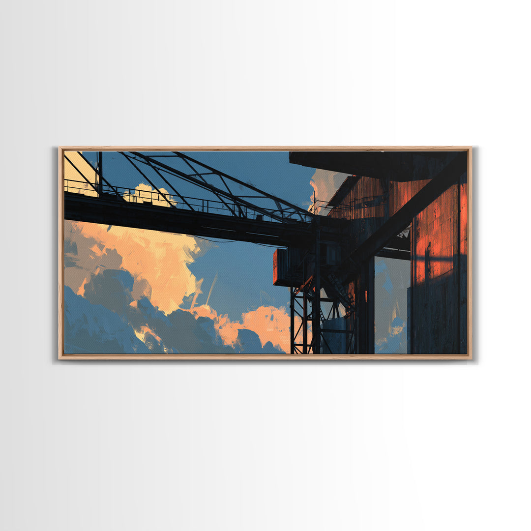 Warehouse Crane Silhouette Framed Canvas Print, Industrial Art, Metal Art, Living Room Decor, Watercolor Art, Foundry, IND-2x1-51