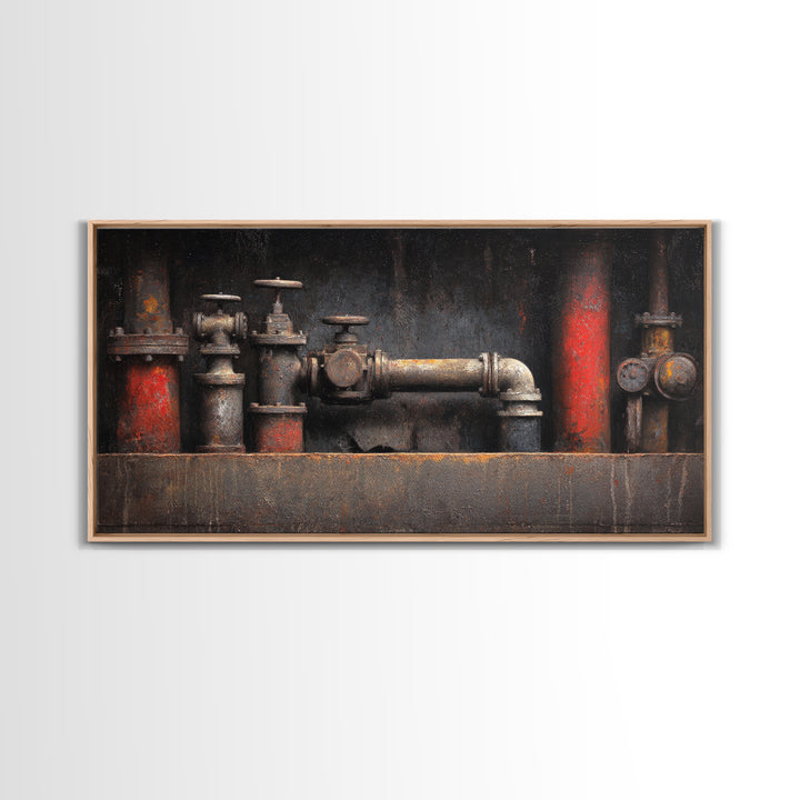 Metal Pipes and Valves as Graphic Composition Canvas Print, Industrial Art, Digital Prints, Living Room Decor, Foundry, IND-2x1-52
