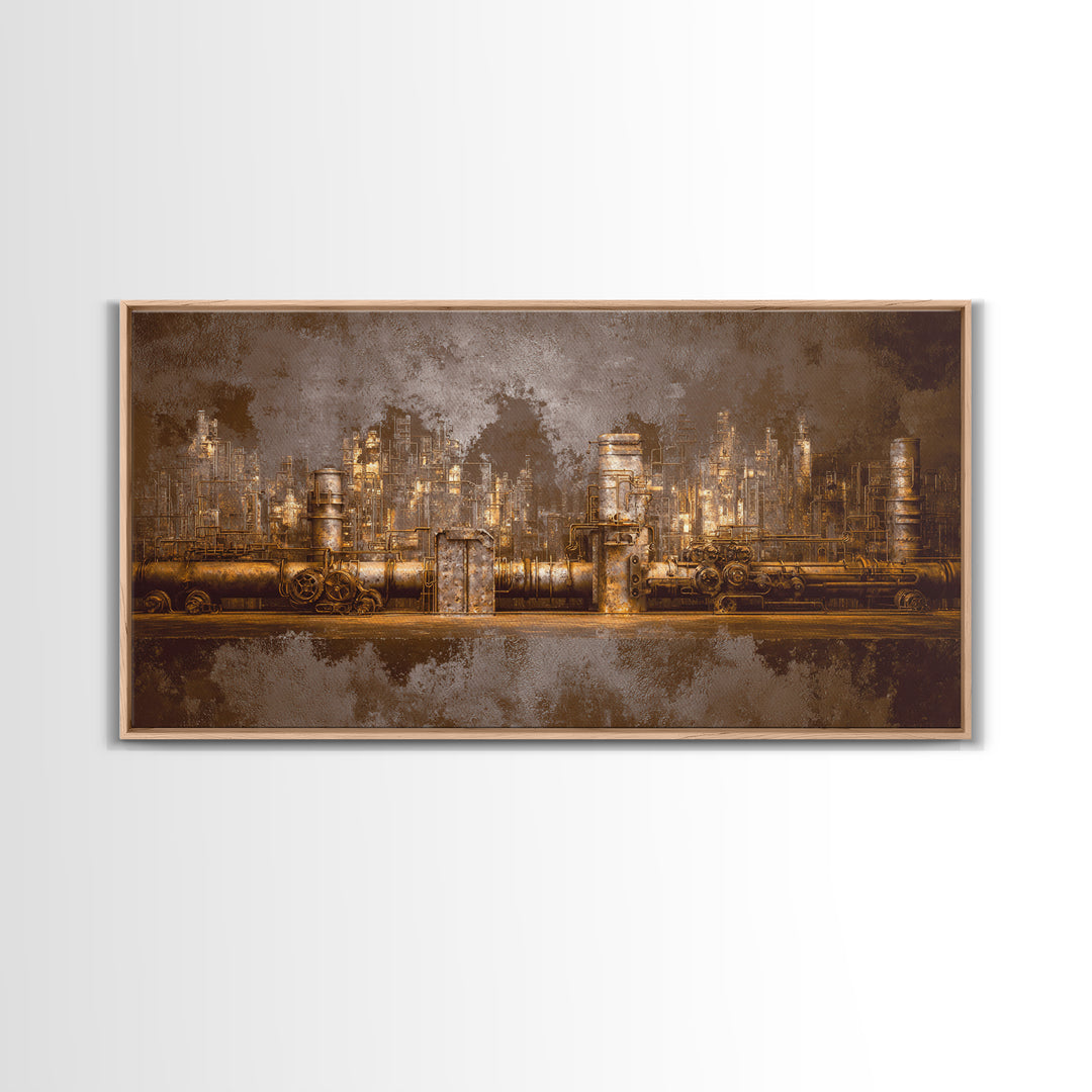 Industrial City Skyline Framed Canvas Print, Industrial Art, Living Room Decor, Abstract Art, Foundry, Abstract Painting, IND-2x1-56
