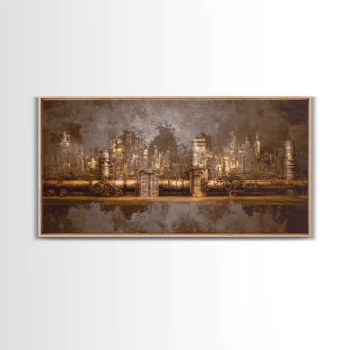 Industrial City Skyline Framed Canvas Print, Industrial Art, Living Room Decor, Abstract Art, Foundry, Abstract Painting, IND-2x1-56