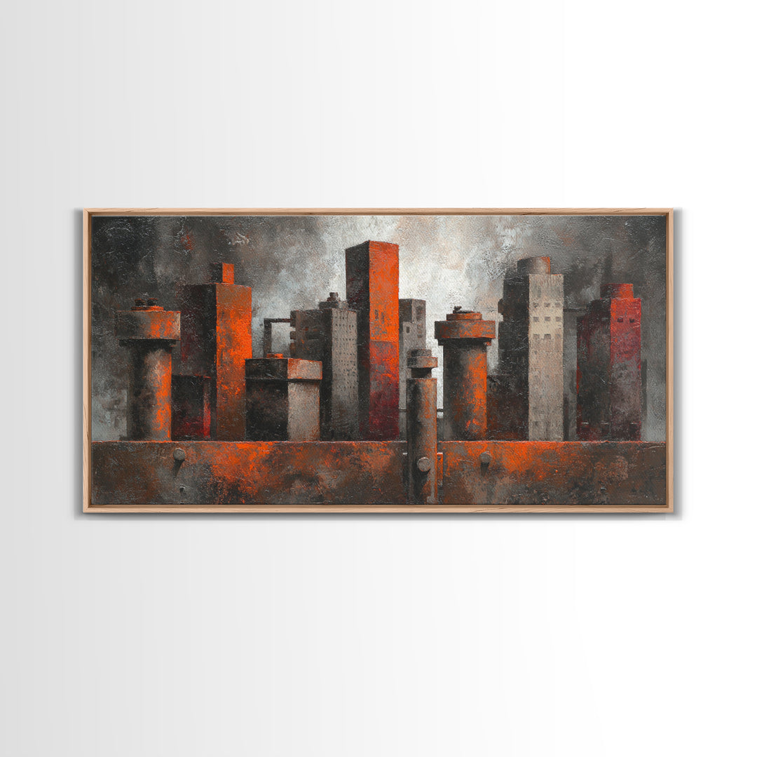 Industrial City Skyline Framed Canvas Print, Industrial Art, Luxury Decor, Living Room Decor, Abstract Art, Foundry, Art Print, IND-2x1-8