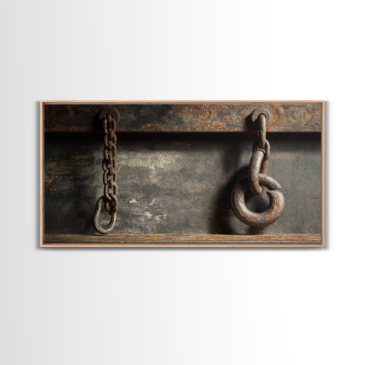 Chain and Hook Still Life Framed Canvas Print, Industrial Art, Abstract Painting, Living Room Decor, Fine Art, Foundry, IND-2x1-84