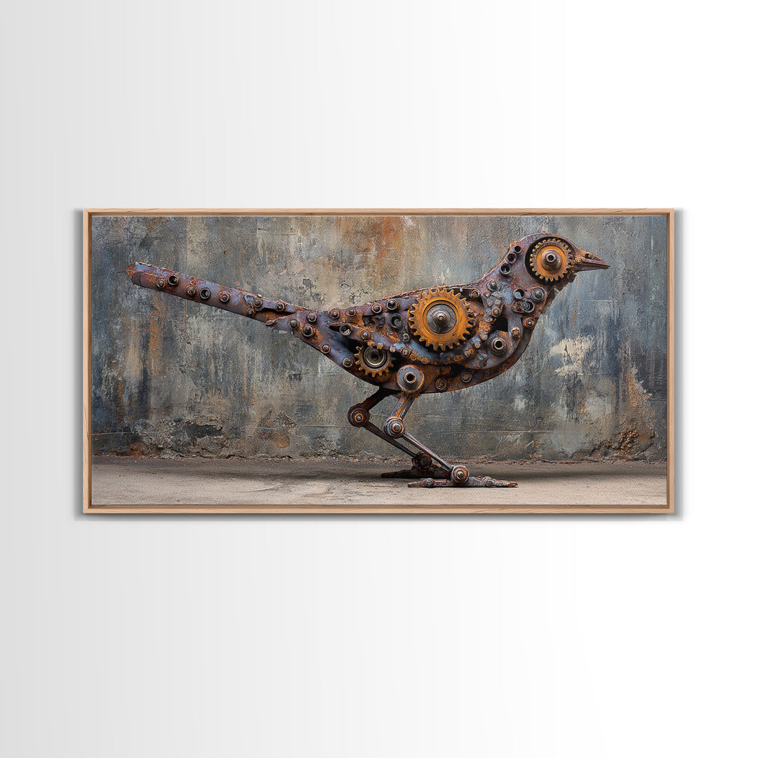 Mechanical Bird Made from Gears Framed Canvas Print, Industrial Art, Contemporary Art, Living Room Decor, Fine Art, Foundry, IND-2x1-87