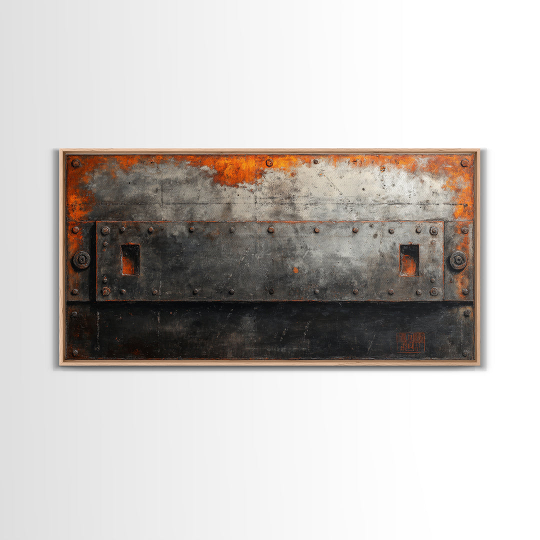 Riveted Metal Panel Texture Study Framed Canvas Print, Industrial Art, Wall Hanging, Living Room Decor, Oil Painting, Foundry, IND-2x1-90