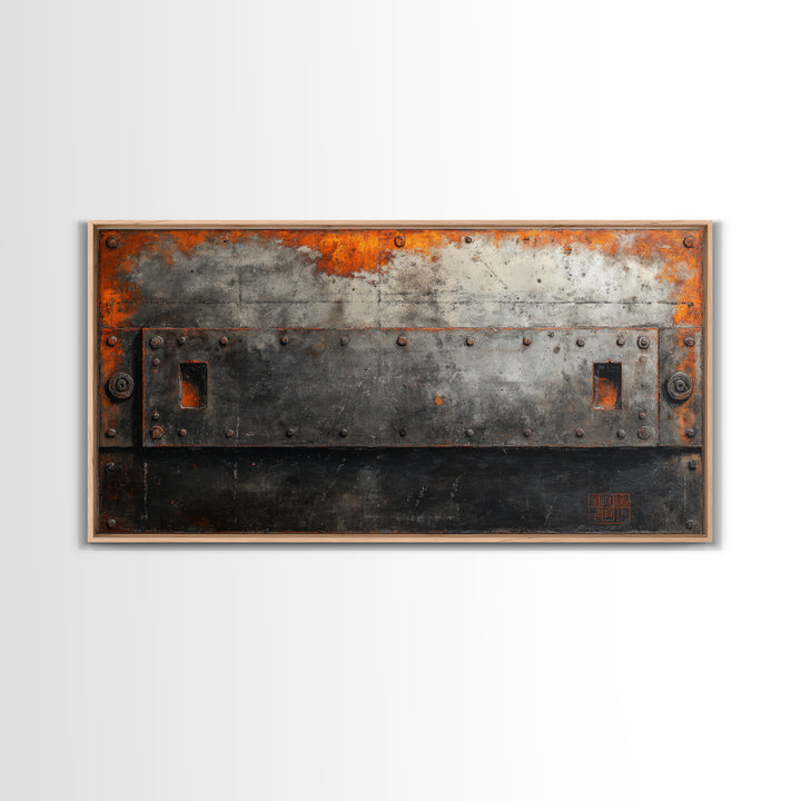 Riveted Metal Panel Texture Study Framed Canvas Print, Industrial Art, Wall Hanging, Living Room Decor, Oil Painting, Foundry, IND-2x1-90