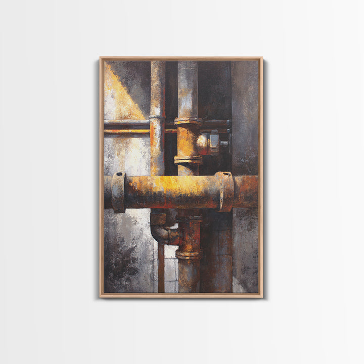 Metal Pipes and Valves as Graphic Composition Canvas Print, Industrial Art, Textured Painting, Living Room Decor, Foundry, IND-2x3-16