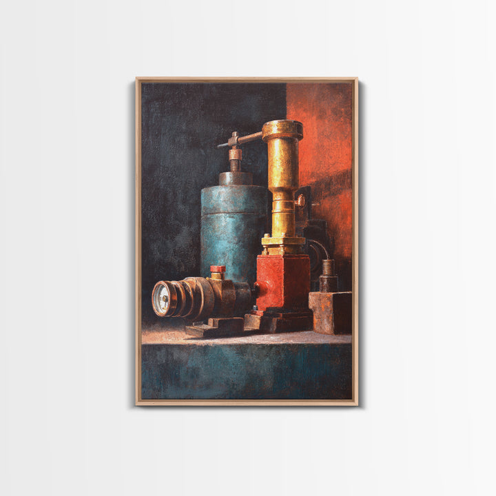 Brass Gauge and Machinery Still Life Framed Canvas Print, Industrial Art, Textured Wall Art, Living Room Decor, Oil Painting, IND-2x3-21