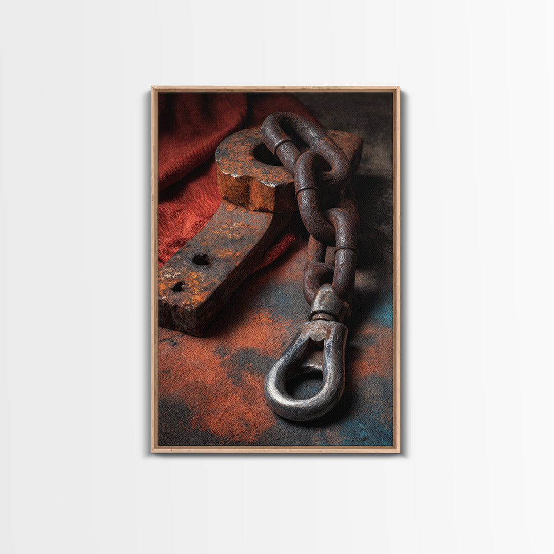 Chain and Hook Still Life Framed Canvas Print, Industrial Art, Minimalist Decor, Living Room Decor, Fine Art, Foundry, IND-2x3-24