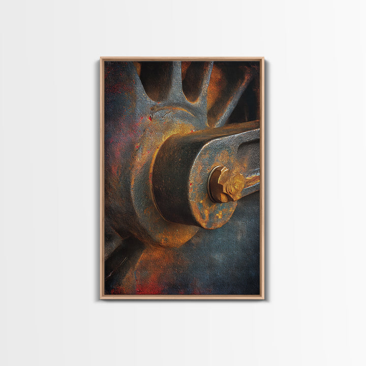 Steam Locomotive Wheel Closeup Framed Canvas Print, Industrial Art, Wall Hanging, Living Room Decor, Fine Art, Foundry, IND-2x3-38